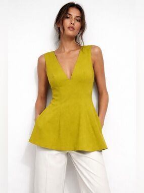 Zara Chartreuse Peplum Top S Quiet Luxury Minimalist Office Chic
